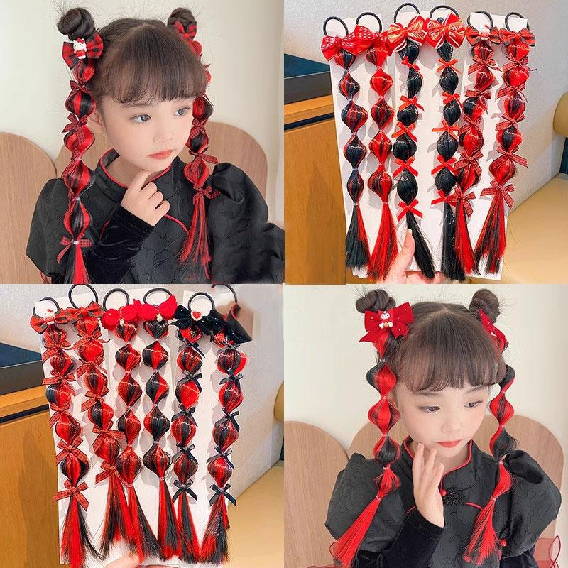 Dây Buộc Tóc, Phong Cách Ngọt Ngào 2 Cái / bộ, Tóc Giả Và Phụ Kiện Đội Đầu Bện, Dành Cho Bé Gái, Phụ Kiện Đội Đầu Năm Mới, Băng Đô Trẻ Em Màu Đỏ, Phụ Kiện Tóc