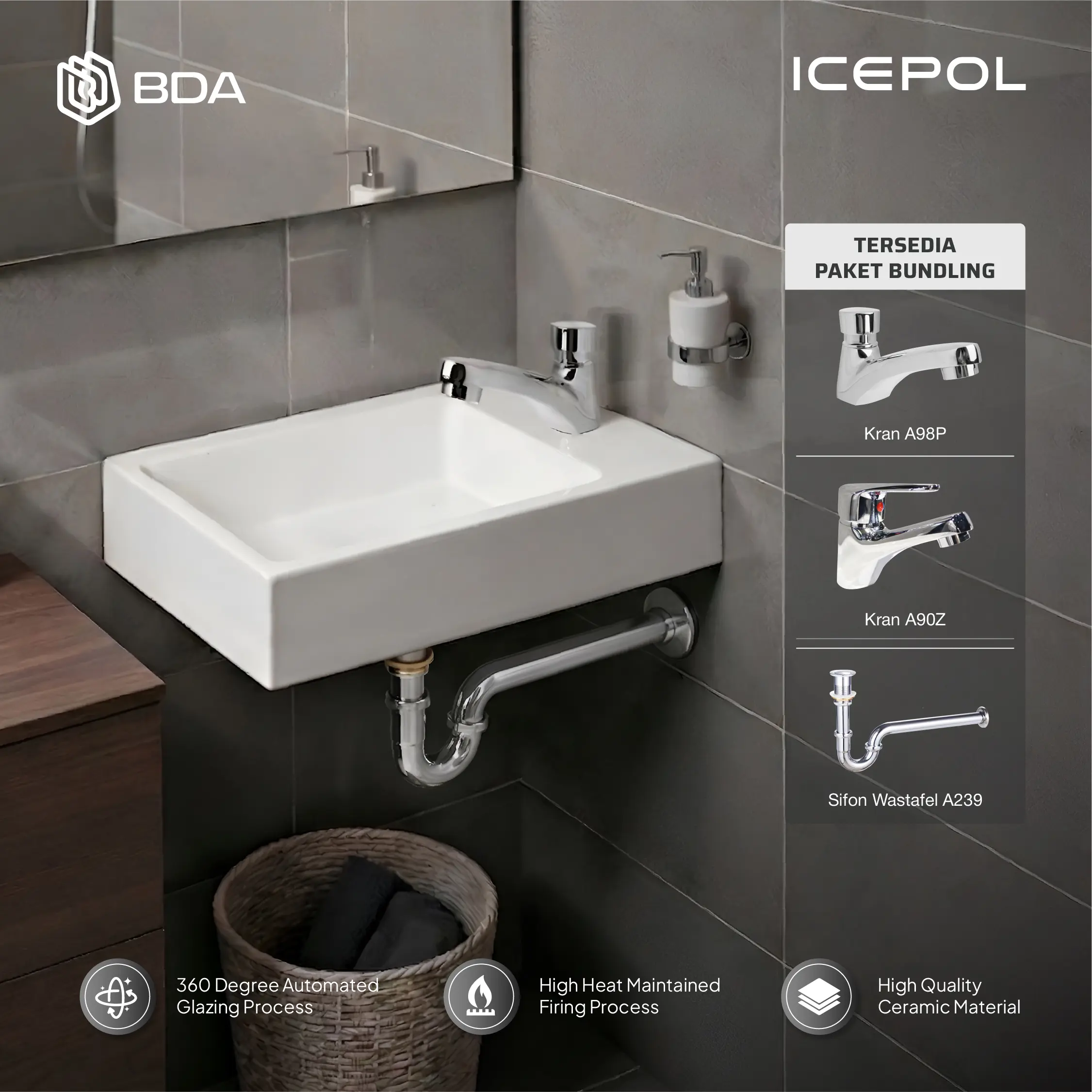 Icepol Wastafel Gantung Dinding Tempat Cuci Tangan Desain Modern Kamar Mandi Fullset Komplit Set ICN CW 2055