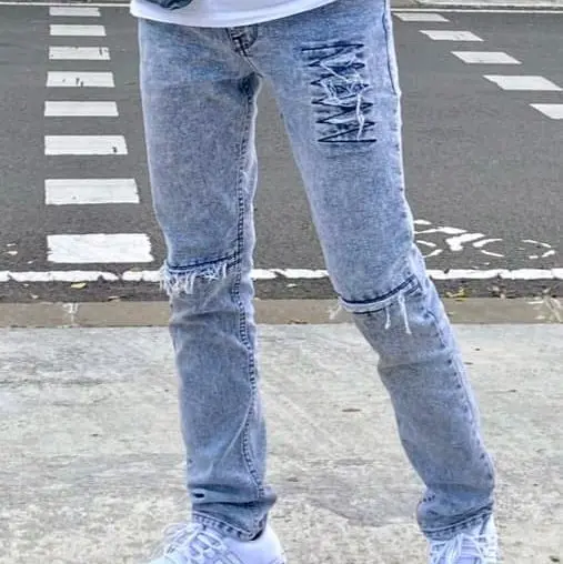 Celana Jeans Panjang Motif Sobek Pria Pola Petir Zigzag Skinny Fit Slimfitting Bahan Full Denim Melar Cowok Dewasa Slimfit 4