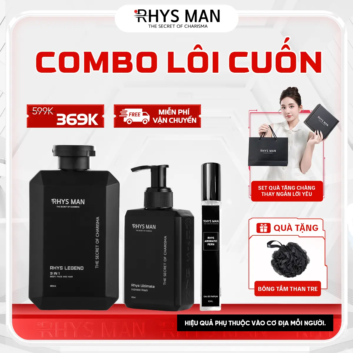 Combo Lôi Cuốn RHYS MAN - Sữa tắm gội hương nước hoa cao cấp 350ml & Gel vệ sinh nam 120ml & Nước hoa 10ml Hương hoa cỏ, hương gỗ, hương biển | Tặng 1 set Hộp & Túi Dưỡng Thể