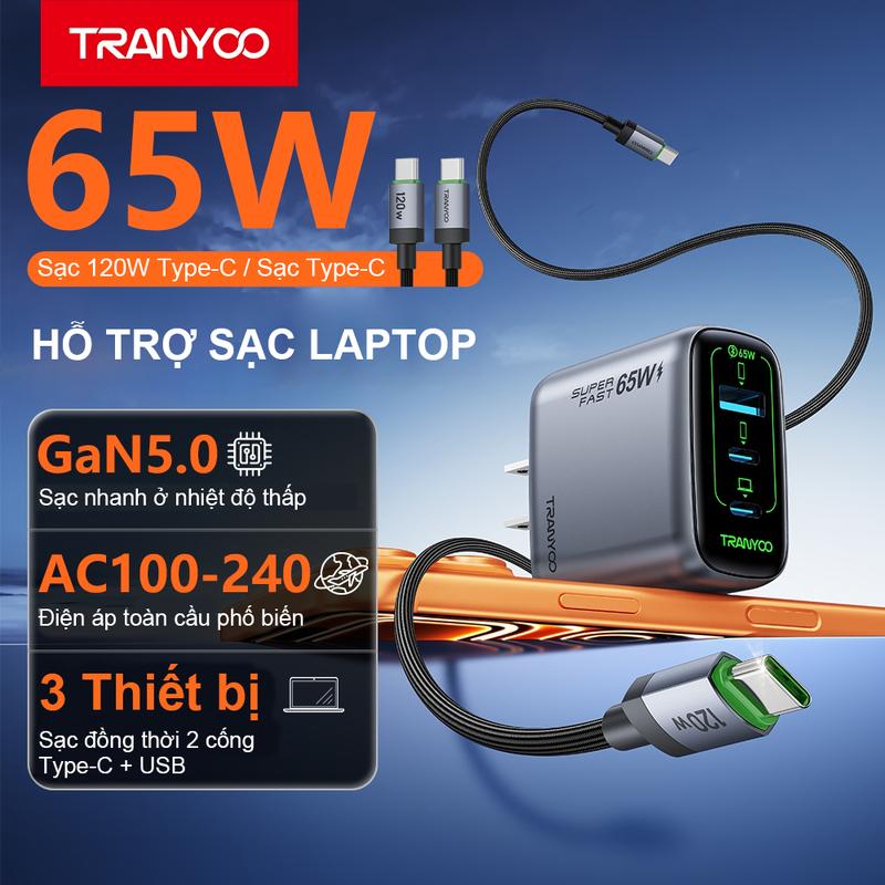 TRANYOO US65 Bộ Sạc Nhanh GaN 65W 3 Cổng Sạc Nhanh 2 Type C/ 1 USB A Kèm Cáp Type C 120w Sạc Nhiều Thiết Bị Cùng Lúc Sạc Cho Điện Thoại iphone Android Mac Tablet Phụ kiện sạc nhanh tiện lợi