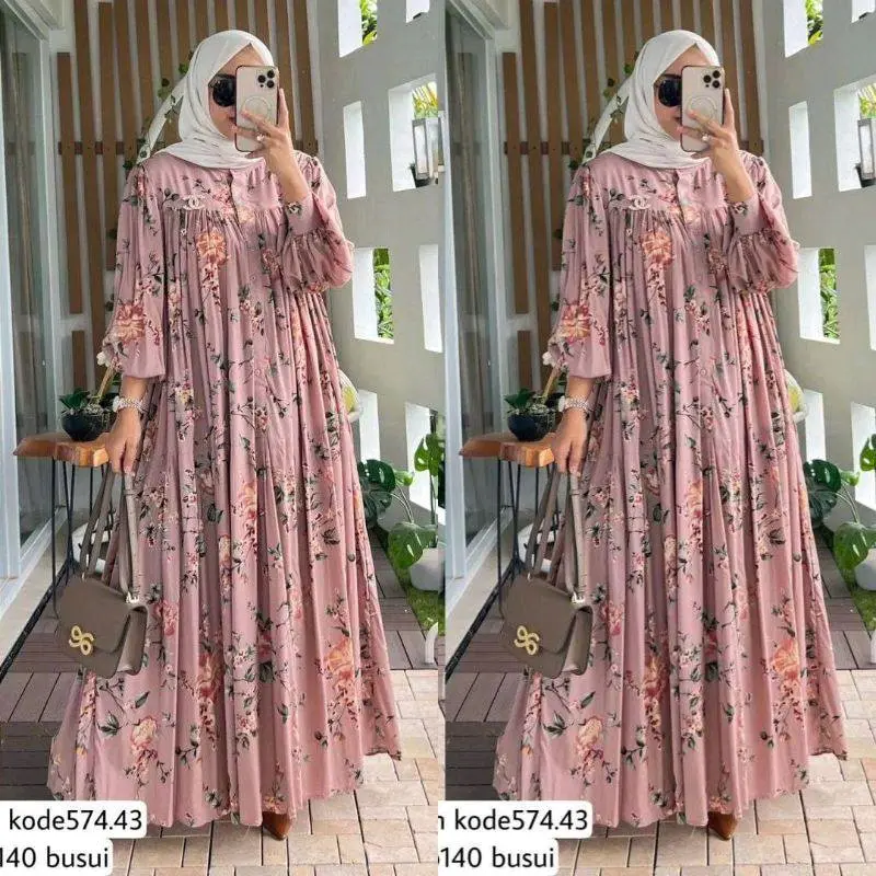 Nabila Dress Gamis Lebaran Rayon Diamond Motif Bunga Ibu Menyusui Friendly Kancing Depan - Baju Formal Panjang Wanita Dewasa Kain Lembut Nyaman