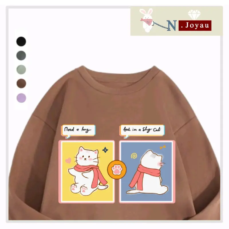 N.Joyau Sweater - Shy Cat | Oversize XXL crewneck Lengan Panjang Outfit Basic Casual Korean Style Aesthetic Sablon DTF Gift  Remaja Wanita Pria Unisex Premium Kekinian Bigsize Jumbo. 1
