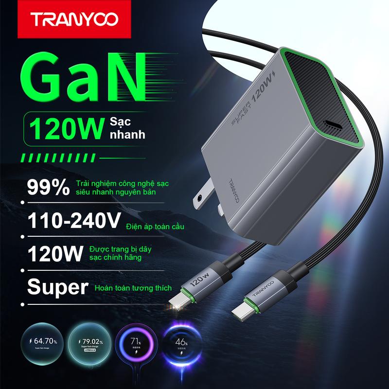 [TRANYOO] Bộ Củ Sạc Nhanh GaN Pro+ 120W Tranyoo US8 Cổng Type-C Sạc Nhanh W PPS, PD3.1, UFCS - Sạc Cho Điện Thoại Chuẩn PD củ sạc 120w sạc nhanh 120w Phụ Kiện sạc điện thoại, laptop