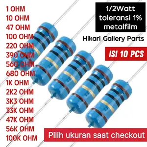 [10 PCS] Resistor Metalfilm 1/2watt toleransi 1% 1r 10r 100r 1k 100k ohm pilih varian ukuran setengah watt 1/2w