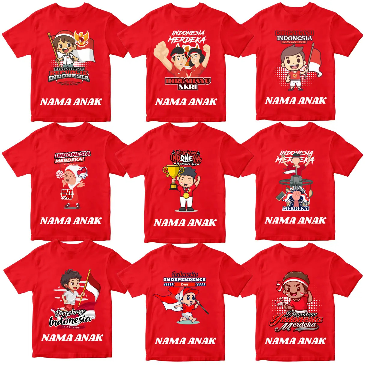 Kaos Anak Kemerdekaan Agustusan 4-12 Tahun Bahan combed 30s Free Sablon Nama