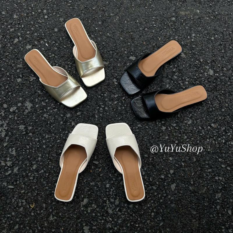   5545-CHUẨN SZ  Dép lê nữ đế bệt mũi vuông chất liệu da vân nhăn xịn mềm êm chân 