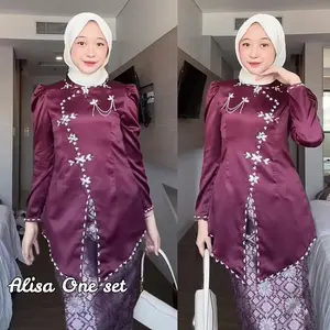 ALISA Set Baju Kurung Melayu dan Rok Coklat Mahogany Burgundy Pesta Lebaran Bridesmaid Kondangan Wanita Dewasa Mewah Full Payet Dress Setelan Atasan