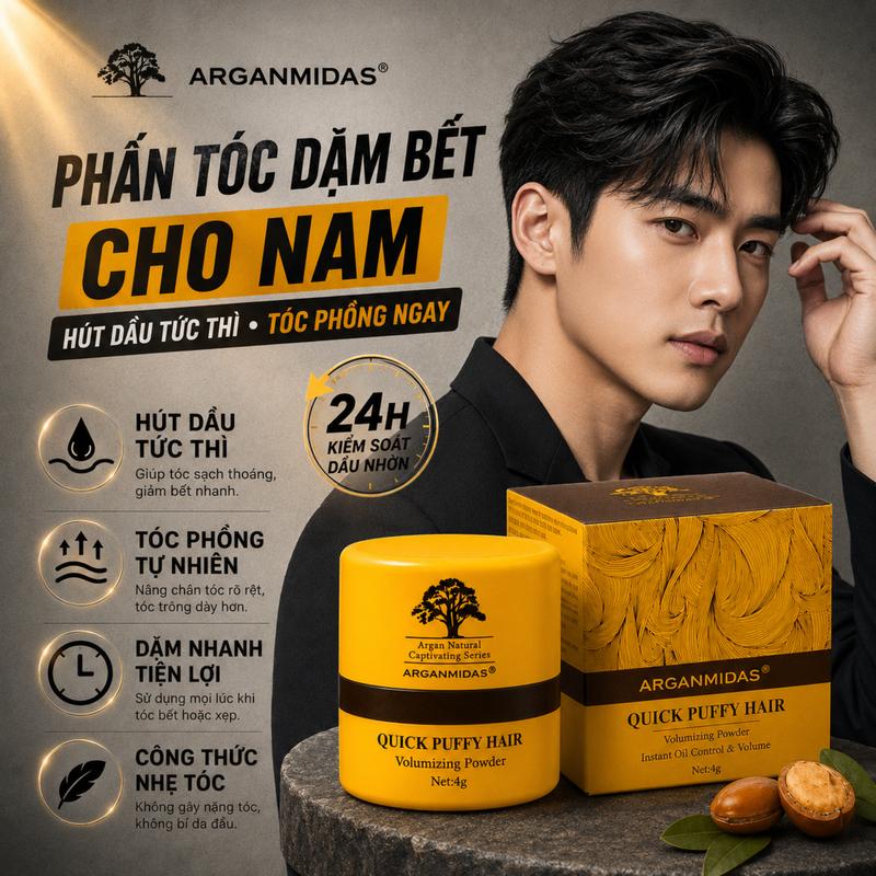 [ARGANMIDAS] Phấn tóc dặm bết Arganmidas - bột tạo phồng chân tóc dành cho nam giới, giảm bết dính, hỗ trợ hút dầu, xuất xứ Canada