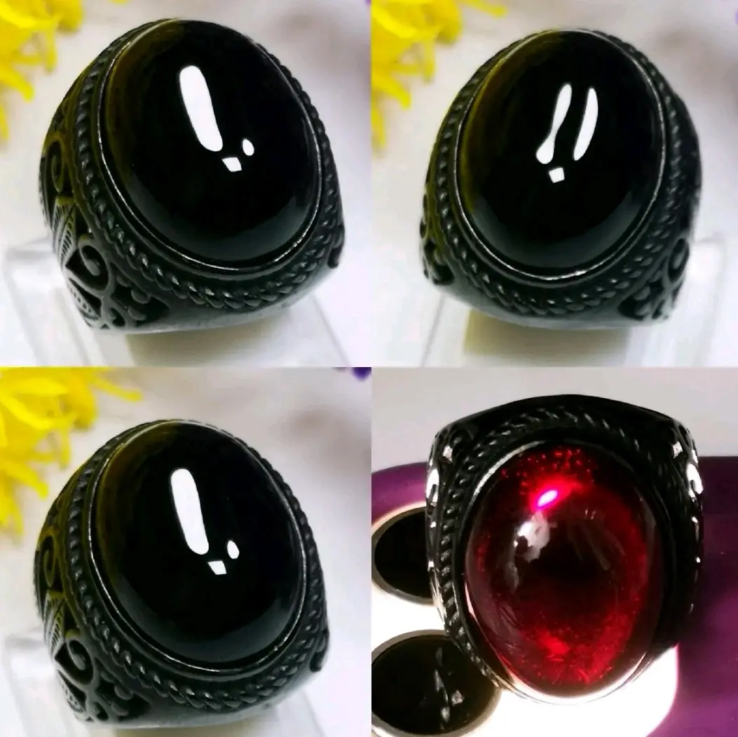 Cincin Batu Akik Kecubung Wulung Merah Kristal Ring Titanium Hitam