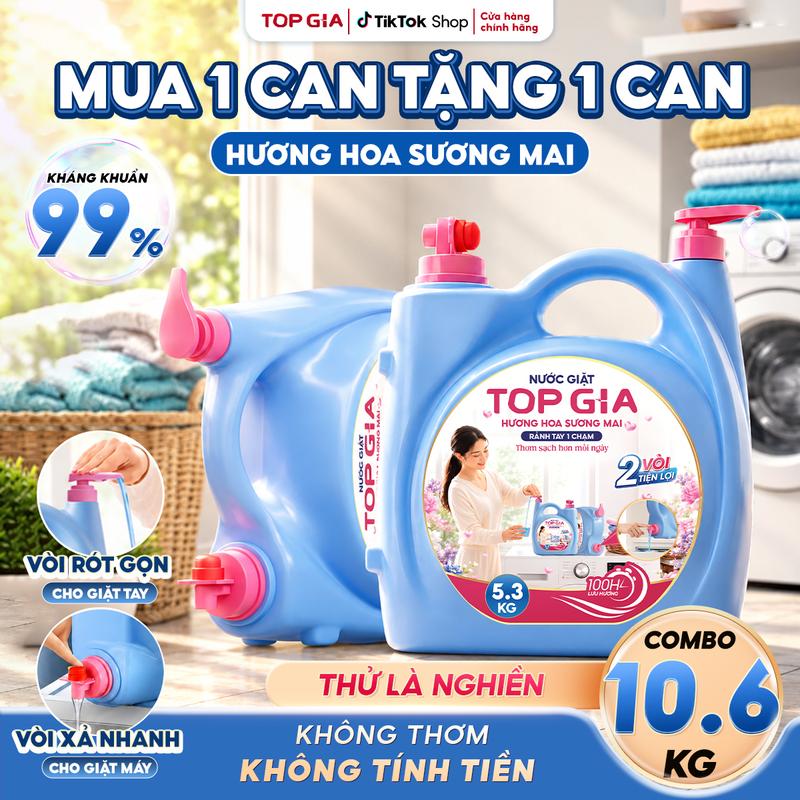 tổng 10,6L - CHỈ TỪ 3k/ lần giặt thơm, Can Nước Giặt Xả 2 Vòi Thông Minh TOPGIA Hương Hoa Sương Mai Lưu Hương 100H An toàn, Dịu nhẹ vd LH1 LIVE NGC