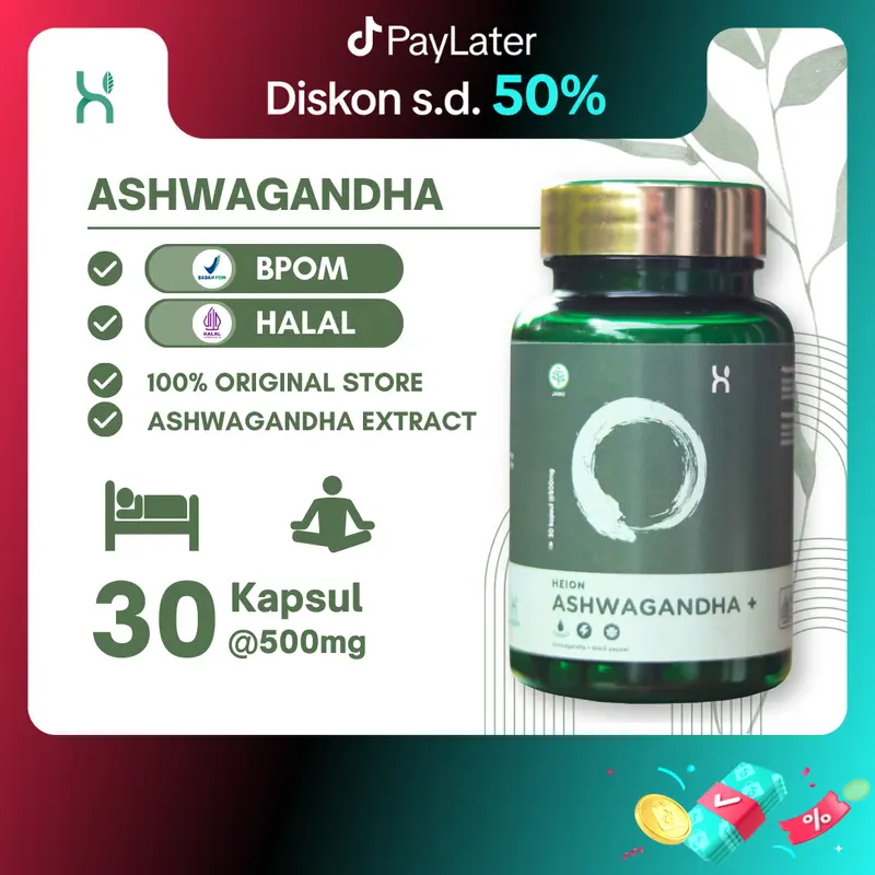HEION Ashwagandha + 30 Kapsul - SUPLEMENT KESEHATAN MAKANAN ASHWAGANDA EXTRACT ANXIETY STRESS RELIEF SLEEP Extract @500mg BPOM by HEION OFFICIAL 0