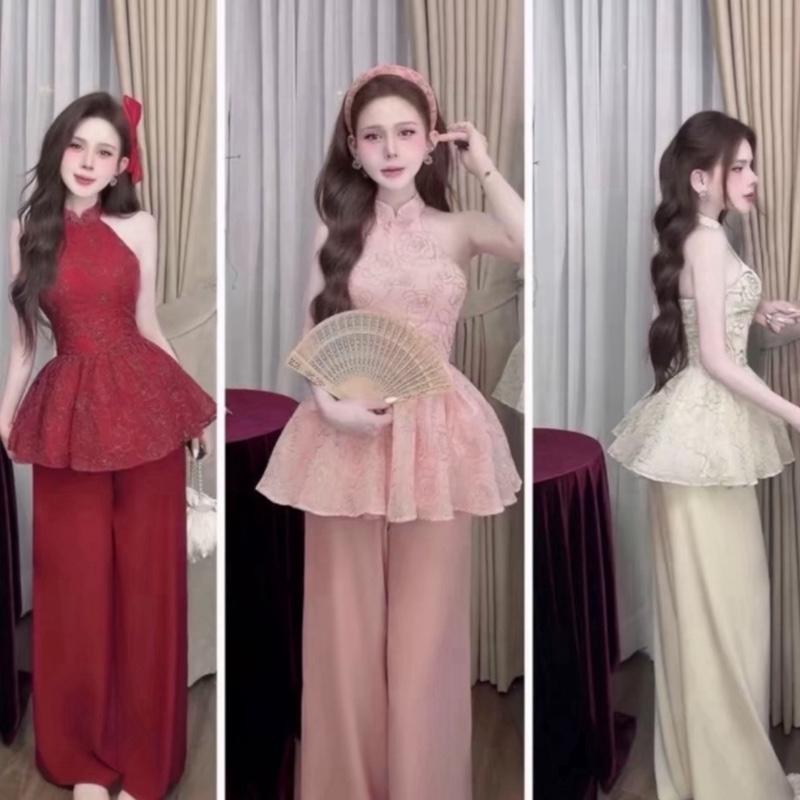  SET ĐỒ TẾT YẾM THÊU  ÁO CỔ YẾM QUẦN LỤA DÀI  ỐNG RỘNG 