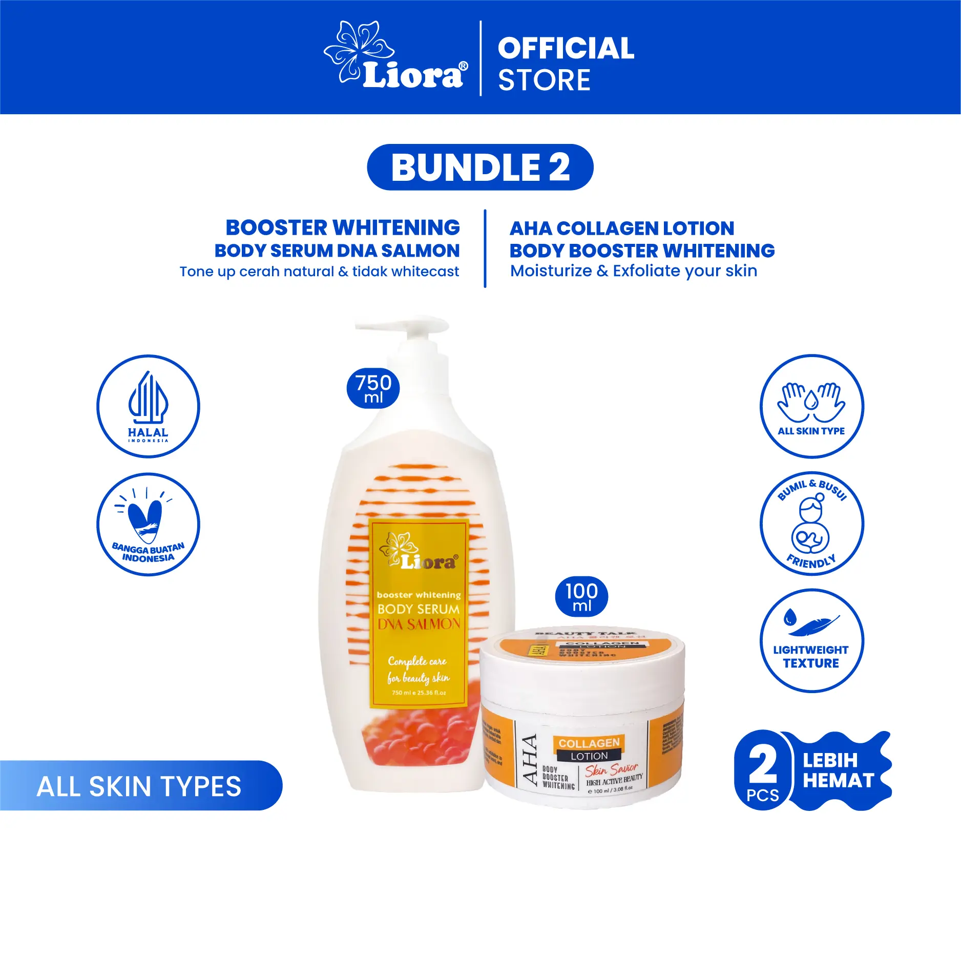 [Best Seller Set 2] LIORA Booster Body Serum DNA Salmon 750ml + BEAUTYTALK AHA Collagen Lotion 100ml I Paket Perawatan Kulit badan mencerahkan kulit kusam dan melembabkan kilit kering
