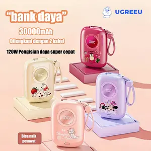 UGREEU Disney  2 kabel bawaan Power bank mini 30000mAh Power bank fast charging charger portable Bank pengisi daya powerbank kecil PD 120W Built in Cable Fast Charging With Lightning &amp; Type C For Iphone/Android