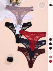 Paquete de 6 piezas de tanga de mujer en colores variados, con encaje en la cintura baja, ropa interior cómoda y a la moda para damas