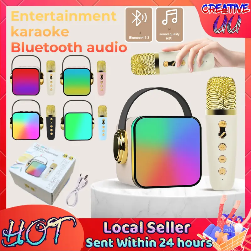 【SG Ready Stock】 2023 New LED Speaker Bluetooth 2Mic 1 Set Karaoke Speaker KTV Portable Cute wireless Microphone Audio Card