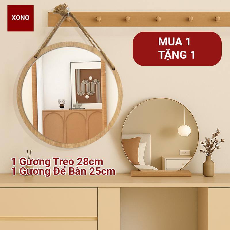 MUA 1 TẶNG 1 SIZE 28CM Gương Tròn Treo Tường 28cm Tặng Kèm Gương Để Bàn 25cm Gương Tròn Khung Gỗ Dây Thừng Treo Tường Gương Để Bàn Đế Gỗ Dễ Dàng Lắp Ráp Decor Phong Cách Vintage.