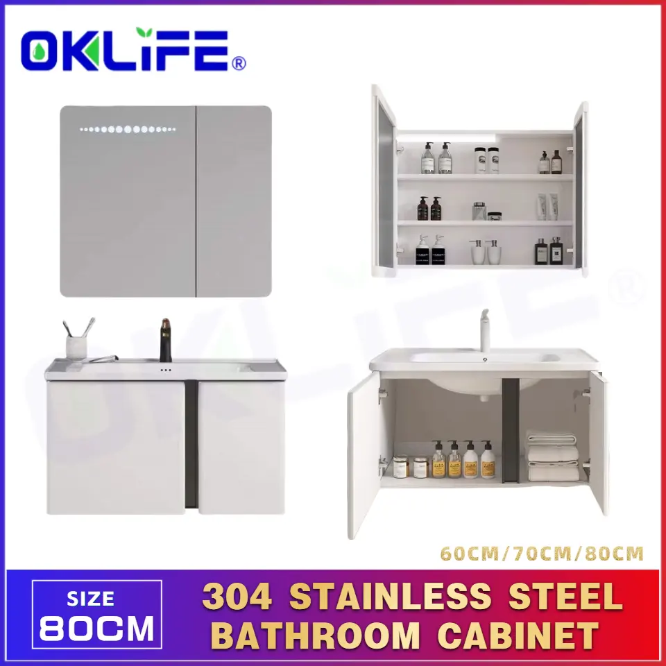 [OKLIFE. ]SUS 304 Stainless Steel Honeycomb Bathroom Cabinet Rounded Corner Waterproof Moisture-Proof Wash Basin （60-80cm ）