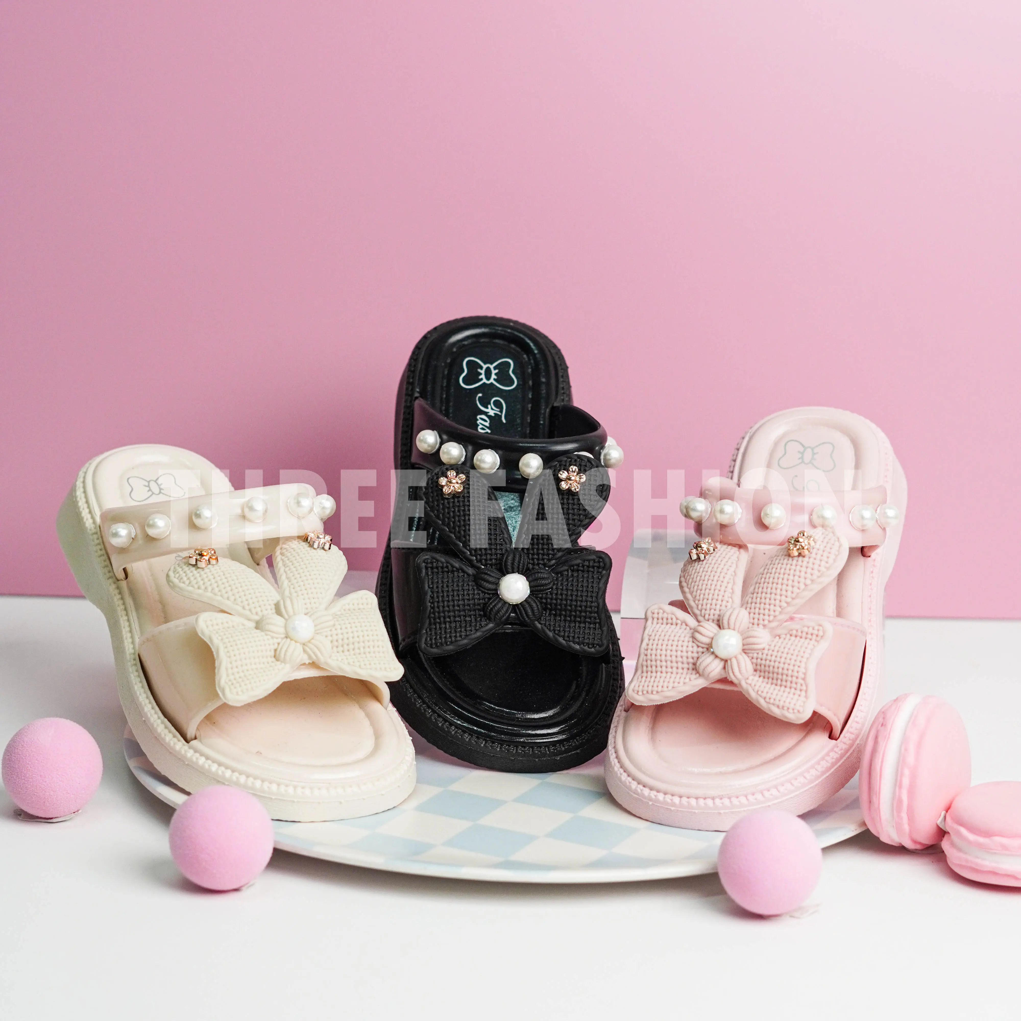 【THREE Fashion】Ribbon Flower Kids Shoes Kasut Kanak Perempuan Kids Girl Shoe Sandals Shoes Slippers Kasut Budak
