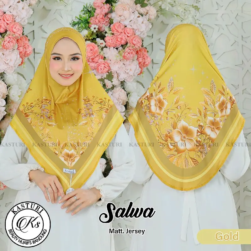 Salwa Hijab bergo printing bunga gold segitiga malay non busa Kerudung Wanita Instan Muslim Nyaman Panjang 2