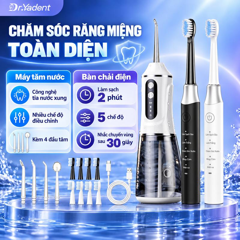 Combo Máy Tăm Nước Và Bàn Chải Điện Dr.Yadent, Kèm 4 Đầu Tăm, Nhắc Chuyển Vùng Sau 30 Giây