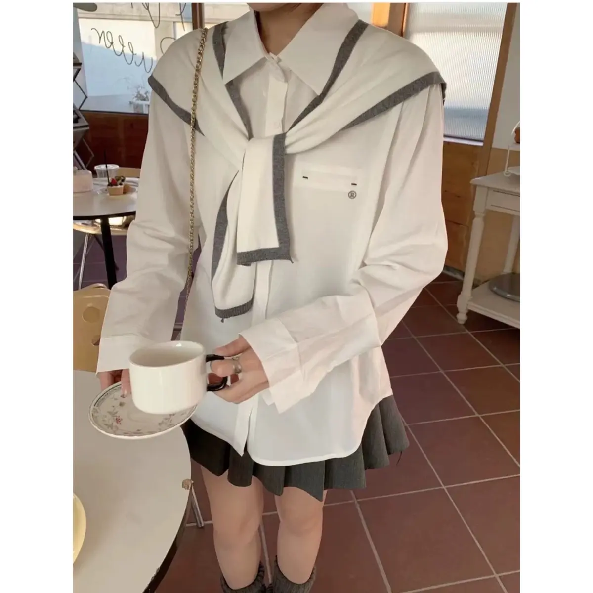 NARIE one set kemeja syal korean style atasan blouse katun wanita premium  Casual Oversize
