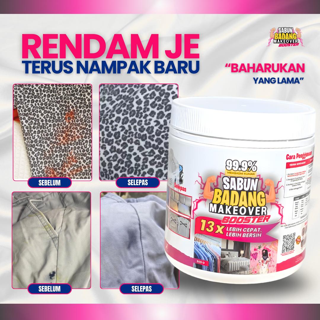 Sabun Badang Makeover Booster Cleaner Multifunction Serbuk Viral Hilangkan Kotoran Degil Tahi Lalat Fabrik Warna Luntur Watercolour Darah Minyak Baju Putih Sekolah Telekung Kereta Kuali Kasut Periuk Sofa Beg Bundle Tudung Karpet Basuh Cuci Rendam