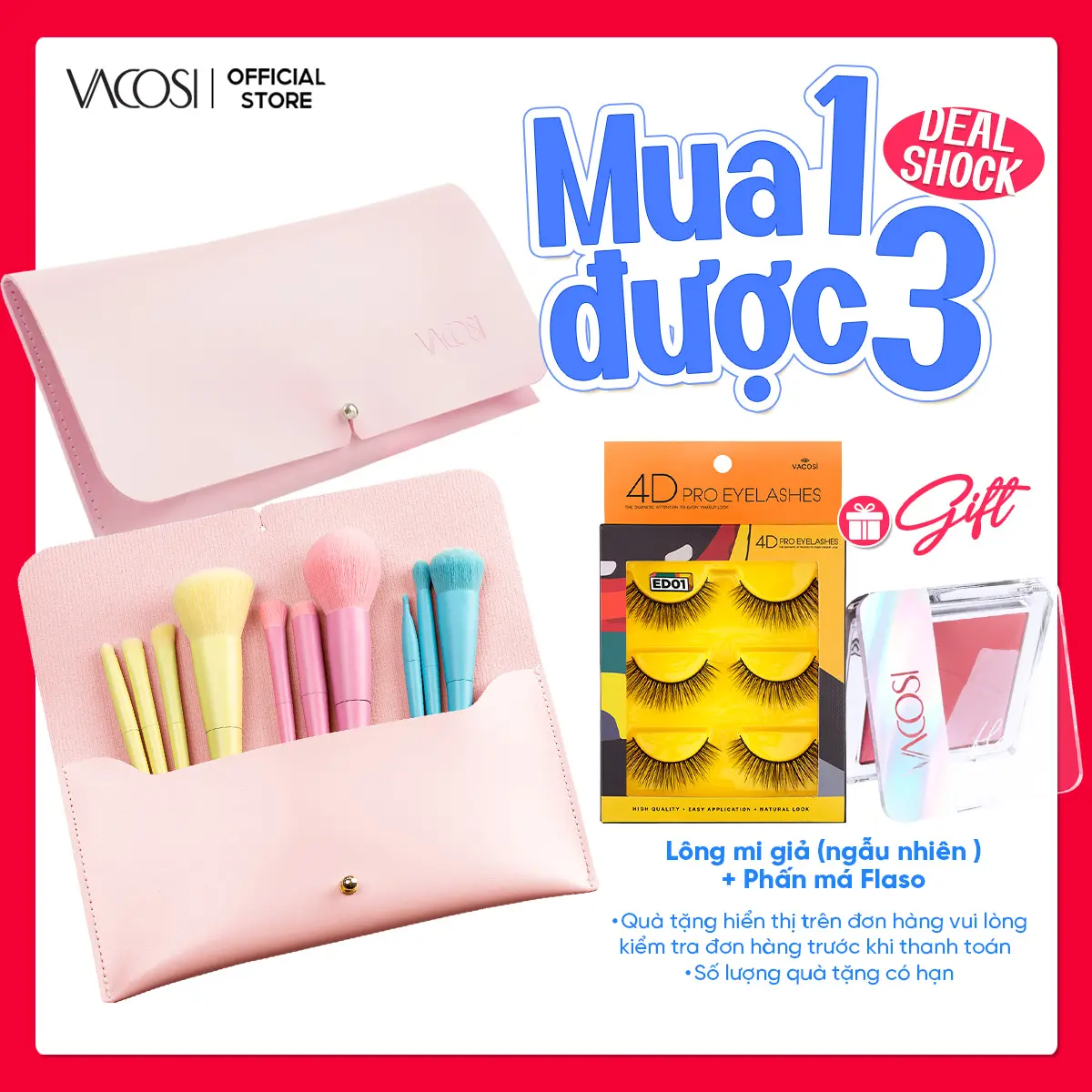 Bộ Cọ Trang Điểm Cá Nhân 10 Cây VACOSI Ví Da Hồng Chuyên Dụng, Lông cọ An Toàn Cho Da, BC34