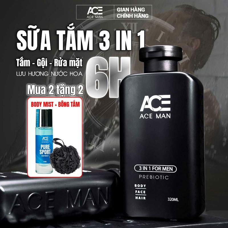 Sữa tắm nước hoa 3IN1 ACEMAN PREBIOTIC 320ML cho nam Tắm gội rửa mặt tiện lợi chiết xuất thiên nhiên lưu hương 6h