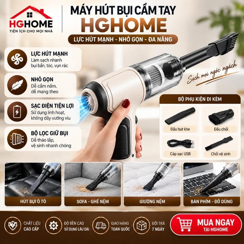 Máy Hút Bụi Cầm Tay HGHOME Lực Hút Mạnh Hút Bụi Ô Tô Giường Nệm Sofa Tiện Lợi