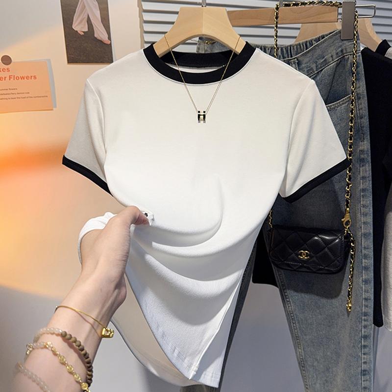 Áo Phông ngắn Tay Áo, Dành Cho Phụ Nữ, Mỏng Vừa Vặn, Cổ Tròn Nhỏ Thiết Kế Chắp Vá, Áo Sơ Mi Cơ Sở Tương Phản, Áo Ngắn Có Ren, Cổ Bán Cao, Thích Hợp Cho Mùa Hè 2024 Top Women