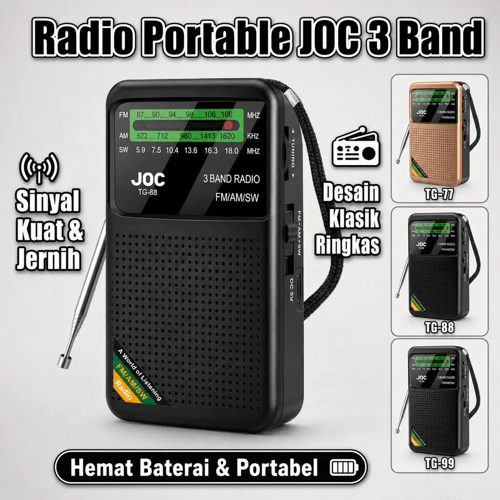 Radio portable merk JOC tiga band FM AM SW tipe TG 77 TG 88 TG 99 penerima siaran analog klasik desain ringkas mudah dibawa ke mana saja