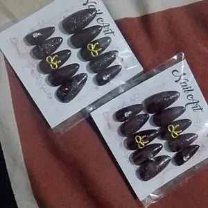 Kuku Palsu Almond Elegan Maroon Vol A7 10 Pcs Ukuran XS/S/M Gratis Lem Gel 12 Pcs Handmade Press-On Nails Wedding Pengantin