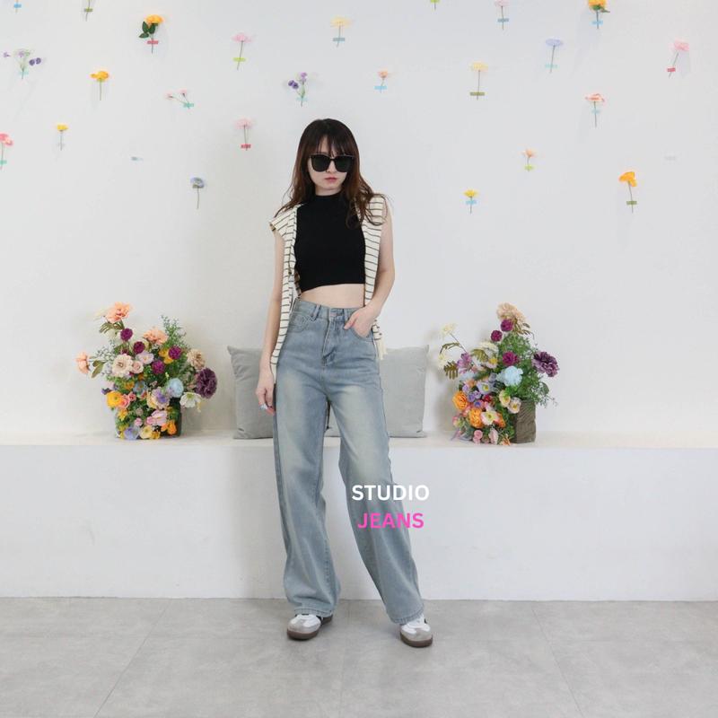 X308 STUDIOJEANS Celana Panjang Wanita High Waist Straight Cut Jeans Demin Cewek Baggy Light Blue Washed Jeans Kekinian 7