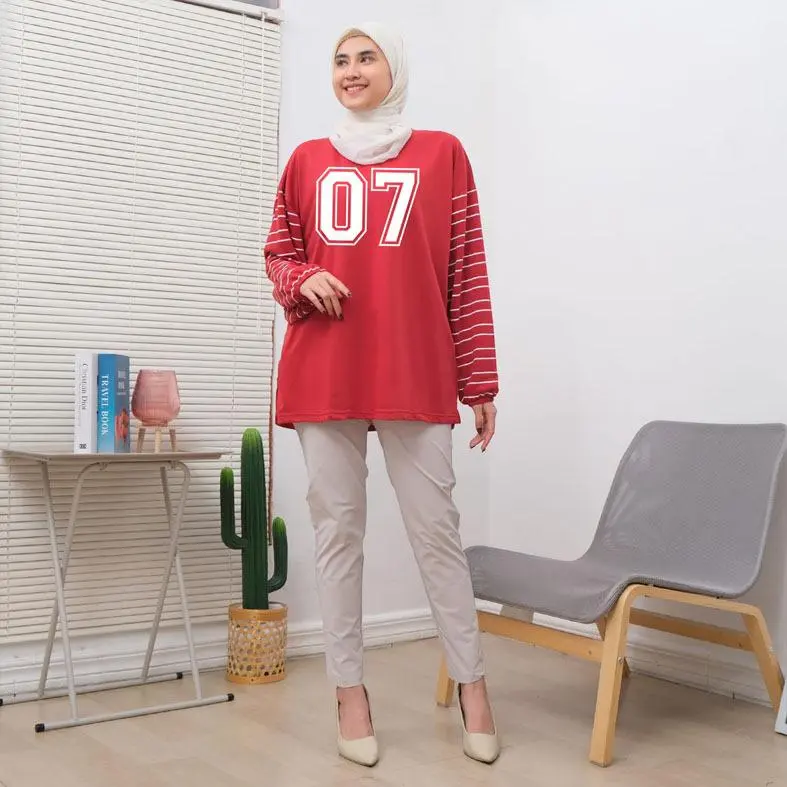 Baju Kaos Wanita Oversize Lengan Karet Salur Motif Angka 07 Print Babyterry - Panjang, Atasan 4