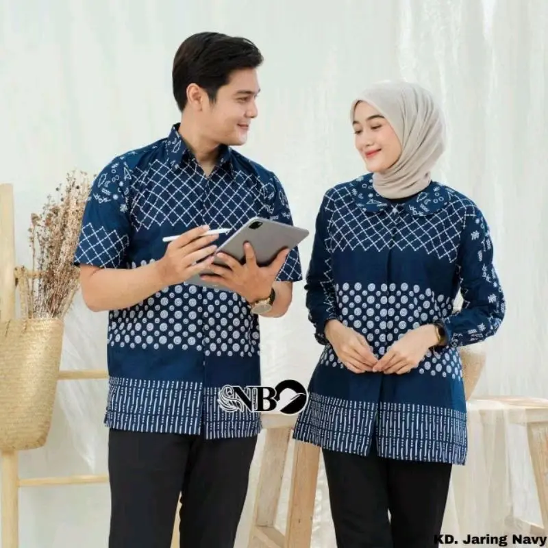 Baju Batik Couple Pasangan Keluarga Lebaran 2025 Motif Jaring Navy Matt Katun Premium 2