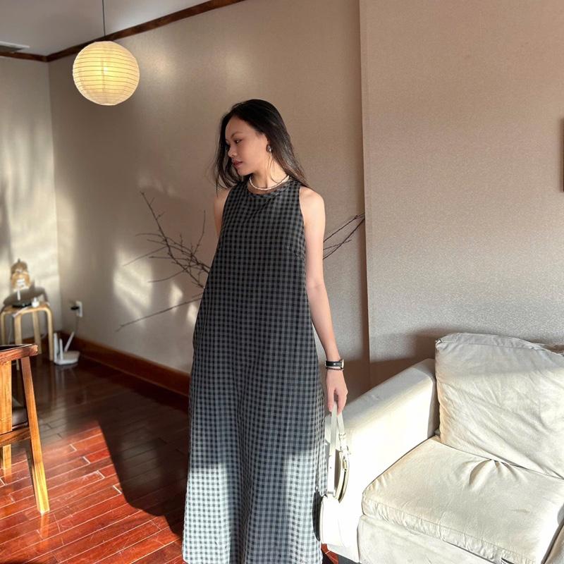  D130 ĐẦM NỮ SÁT NÁCH CỔ TRÒN HỌA TIẾT CARO SIZE 1 2 CHẤT KATE Women Dress 