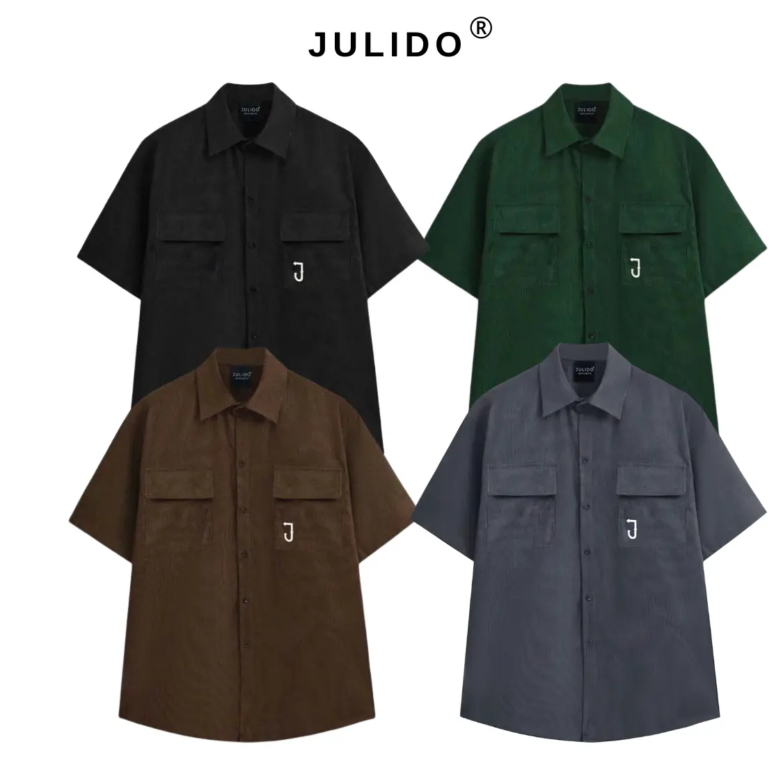 Áo sơ mi nhung tăm nam nữ hai túi logo thêu ngắn tay mùa hè Trơn Menswear Có Cổ