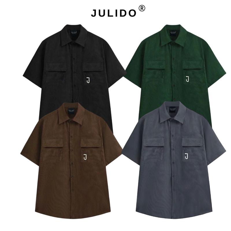 Áo sơ mi nhung tăm nam nữ hai túi logo thêu ngắn tay mùa hè Trơn Menswear Có Cổ