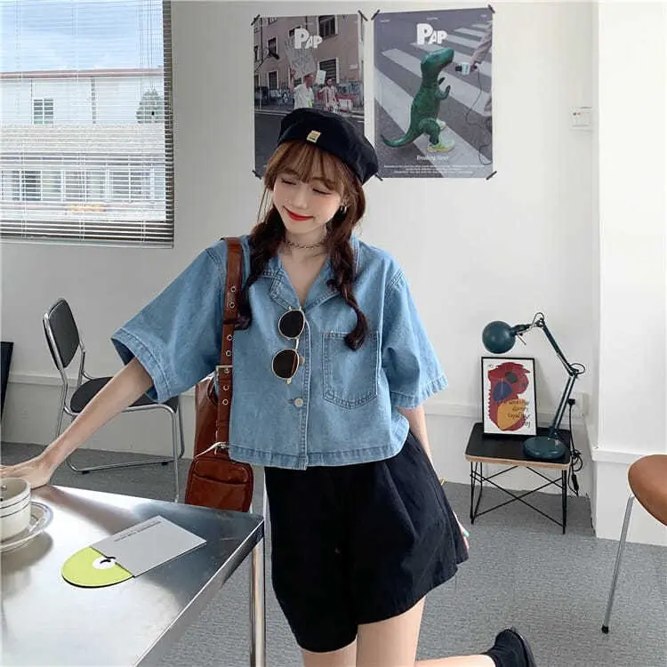 957-KEMEJA & BLOUSE JEANS DENIM ATASAN WANITA LENGAN PENDEK/KEMEJA JEANS CROP Light Keren 0