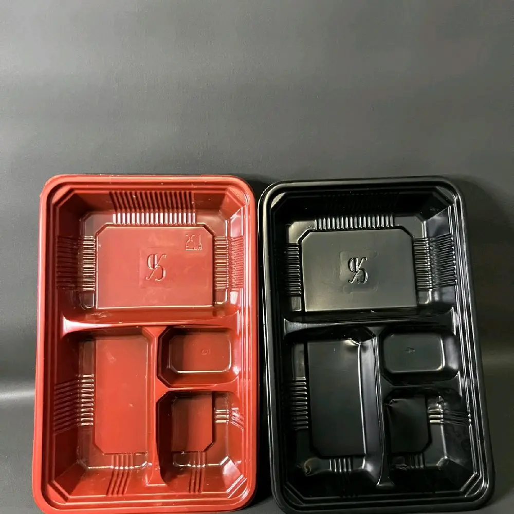 Mika Bento Sekat 4 Box Bento Wadah Set 50 Pcs - Hitam & Merah - Ideal untuk Bekal dan Catering - Ukuran 23x15x3,5 cm - Paket Grosir Tersedia