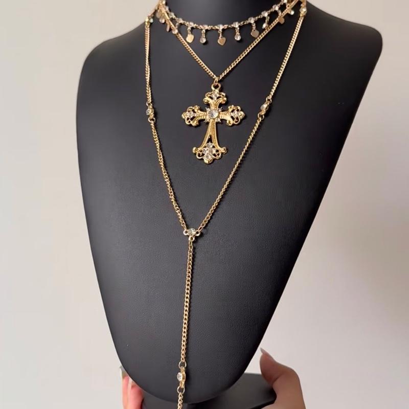 C1 - Vòng cổ trendy vàng chữ thập nhiều lớp hot trend dây chuyền thánh giá đính đá kim cương y2k chuỗi đeo cổ pha lê