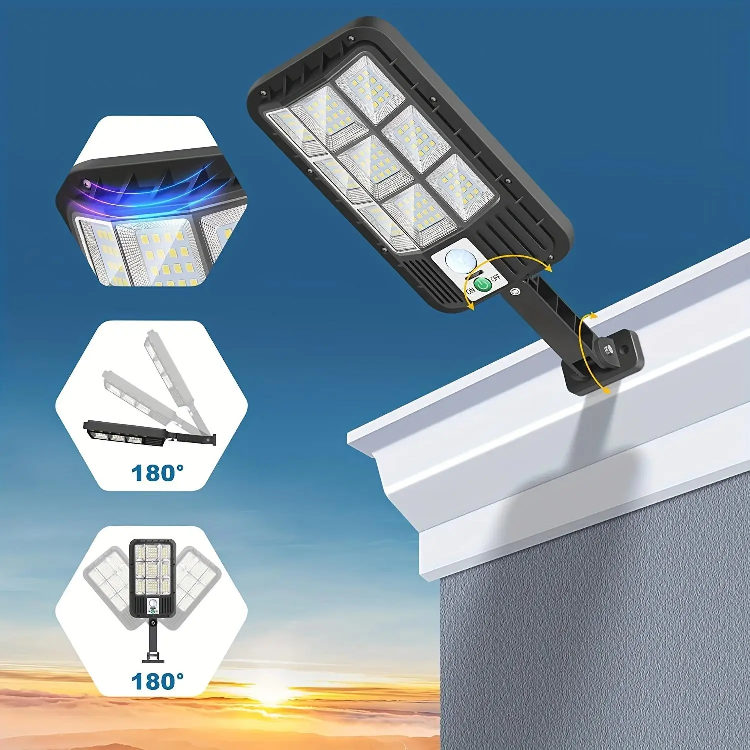 Đèn năng lượng mặt trời ngoài trời, 5000LM, Đèn pha năng lượng mặt trời, Chức năng bình minh đến hoàng hôn, Chạy bằng năng lượng mặt trời, Chống thấm nước IP66, Với cảm biến chuyển động bảo mật, Điều khiển từ xa, Thích hợp cho đèn tường ngoài trời