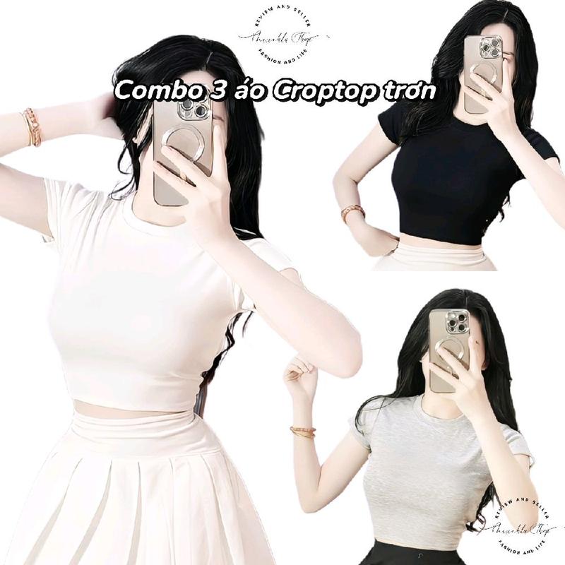 Combo 3 Áo Thun Ngắn Dáng Croptop Chất Borip Form Basic Ôm Body Nữ Mẫu Trơn, Kích Cở S M L, Áo Thun Croptop Ôm Body Nữ Áo Kiểu Xinh Đẹp In Hình Độc Lạ Đi Biển Đang Hot 2025 Mặc Hè Mặc Nhà Bigsize Nữ 65kg