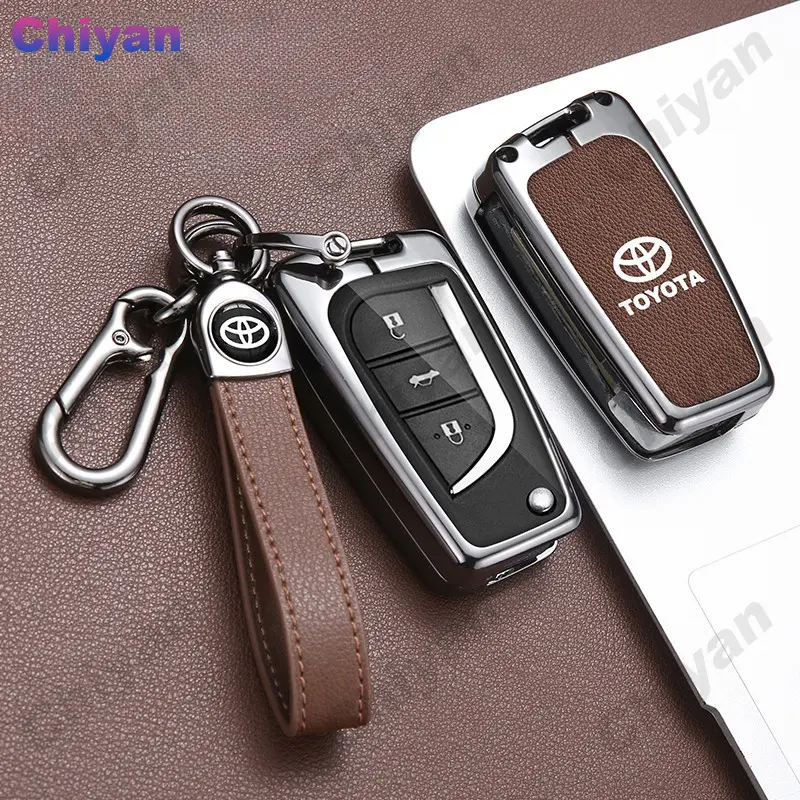 Bao da hợp kim kẽm chính hãng cho chìa khóa ô tô, vỏ Filp từ xa, vỏ Fob, bảo vệ TPU, móc chìa khóa cho Toyota Hi, Revo, Corolla, Altis, Cross, CHR, Fortuner, Innova, Yaris, Camry, RAV4 0