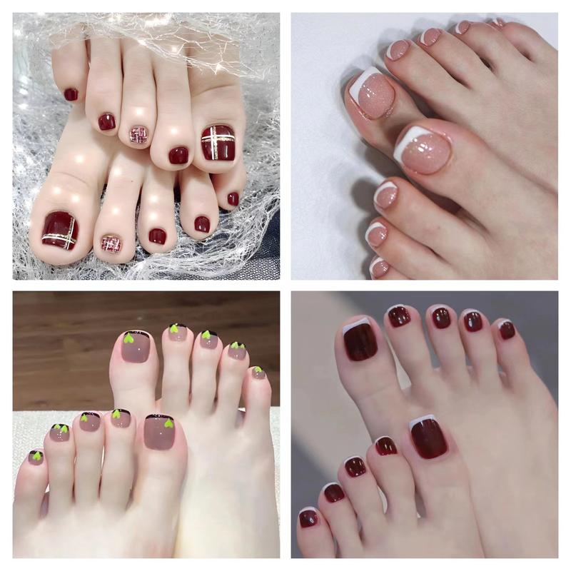 Móng Tay Giả 24 chiếc hộp Keo Dán Màu Chân Miếng Dán Móng Tay Móng Tay Giả Với Chân