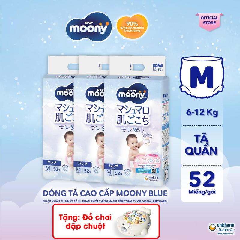 [COMBO 3-TẶNG ĐỒ CHƠI ĐẬP CHUỘT] Moony Tã/bỉm quần xanh M52/ L44/ XL38/ XXL26 - Nhập khẩu Nhật Bản