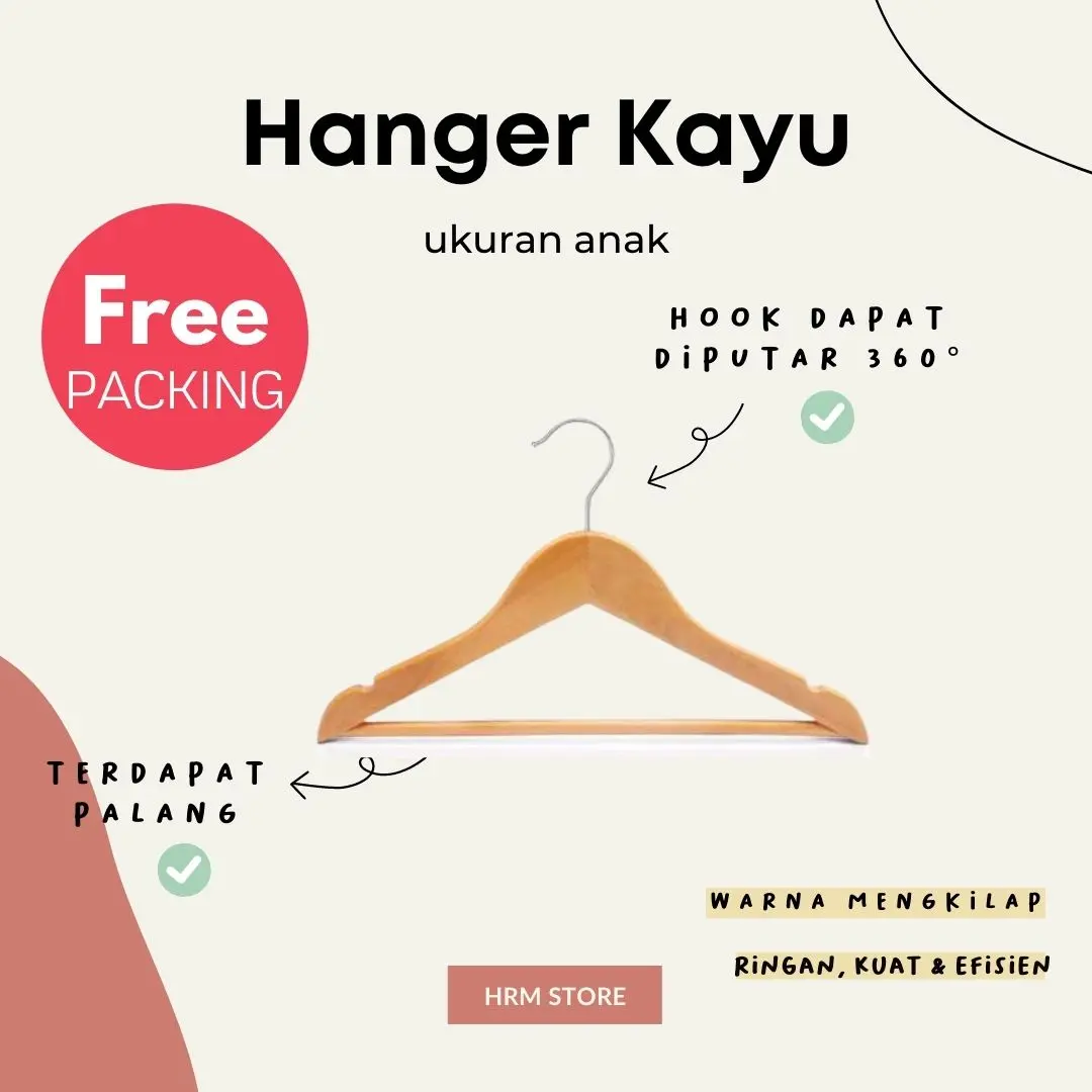 Hanger Kayu Aesthetic Dengan Palang Ukuran Anak Warna Natural Untuk Display Pakaian