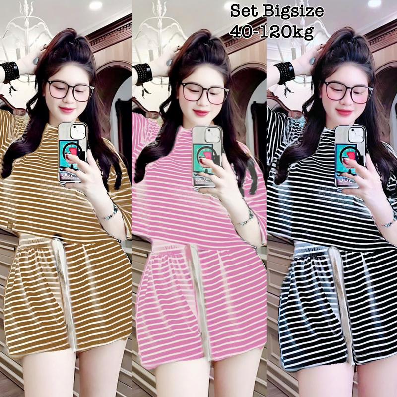 Thời Trang Có Bigsize 40-120kg - Set Bộ Đùi Kẻ Sọc Nữ Bigsize Thun Sọc cổ tròn Form Hack Dáng Thể Thao Hot Hit Nữ Cao Cấp Xinh Đẹp Che Bụng Cho Nàng Chuppy Sang Trọng Mặc Hè Dễ Thương Giá Rẻ 40-120kg Én Nhỏ Có Bigsize - 2474
